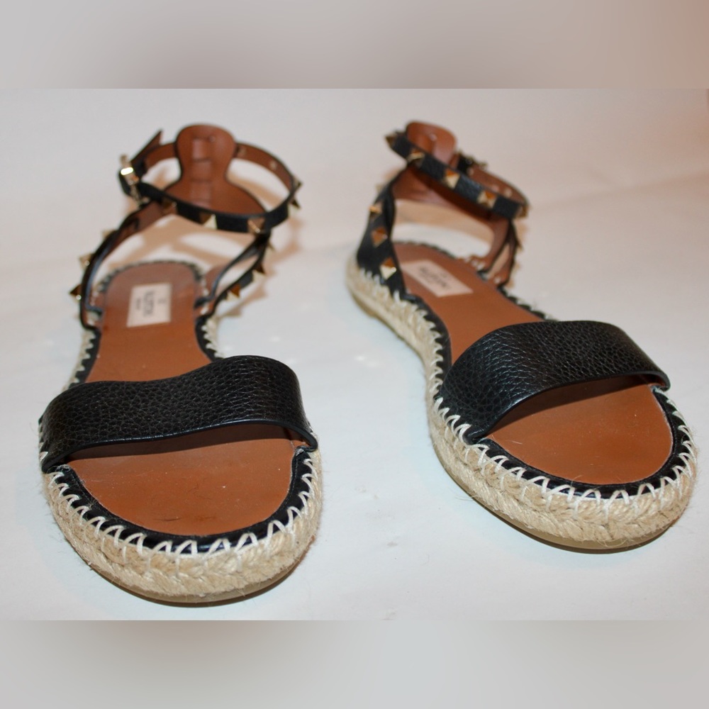Valentino Rockstud T 20 Black Leather Stud Ankle Strap Espadrille Flat Sandal 37
